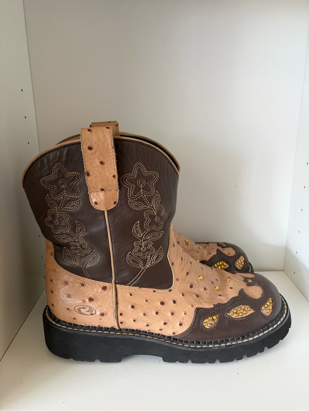 Roper Womens Ostrich Print Floral Flowers Studded Leather Cowboy Boots Size 8